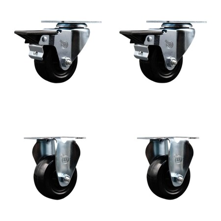 Service Caster 3'' Hard Rubber Wheel Swivel Top Plate Caster Set with 2 Posi Brakes 2 Rigid, 4PK SCC-20S314-HRS-PLB-2-R-2